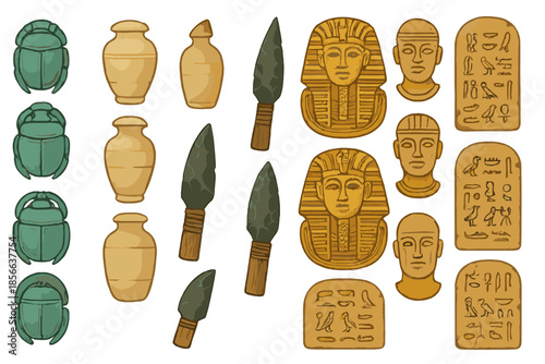 Collection of ancient artifacts including scarabs, pottery, and hieroglyphic tablets with Egyptian themes