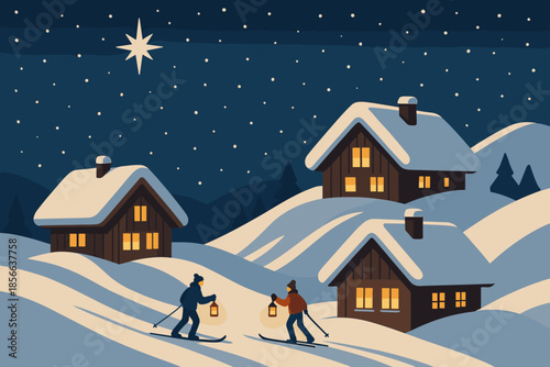 Skiers walk in the snow with lanterns near cottages under a starry sky at night during winter in a snowy landscape