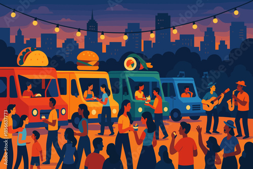 Food trucks serve people in city park at sunset during food festival with music and dance