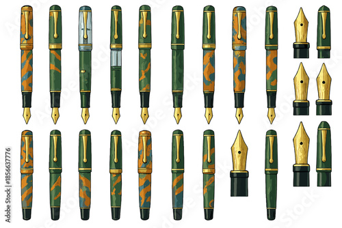 Collection of fountain pens and nibs arranged in a grid showing various designs and colors during daytime lighting