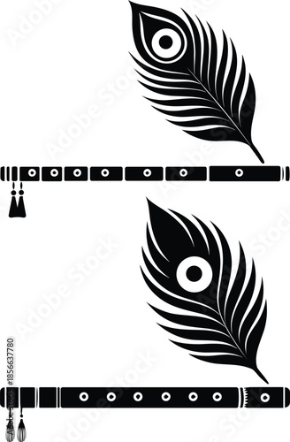 Black and White Indian Flute (Bansuri) and Peacock Feather Vector Art