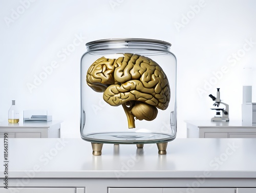 Golden brain in a glass jar on a laboratory countertop with medical equipment