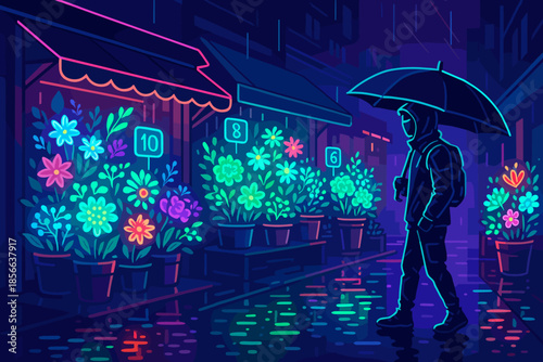 Person walks under an umbrella past bright flower displays in a rainy street at night