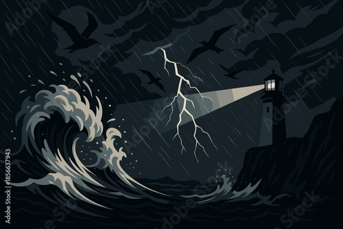 Stormy night with waves crashing near lighthouse and lightning illuminating the dark sky