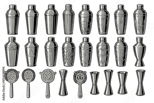 Collection of metal drink shakers and tools arranged in a grid layout for cocktail preparation in a bar setting