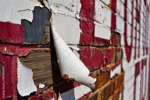 Peeling paint on a weathered brick wall with exposed wood