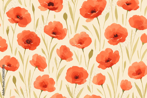 Bright red poppies grow in a garden with green stems under a light background during a sunny day in spring