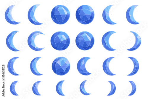 Shapes and designs of blue moons and gems arranged in a pattern on a white background