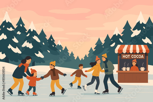 Families enjoy ice skating at a winter rink with a hot cocoa stand nearby in a snowy landscape at sunset