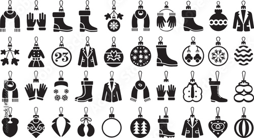 Collection of Christmas tree ornaments and winter clothing icons