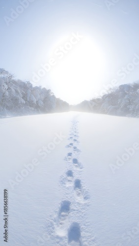 Serene winter landscape with animal footprints in snow