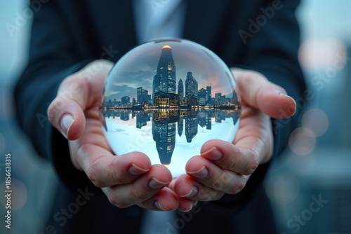 Hands Clutching Crystal Ball with Reflection of Futuristic Cityscape