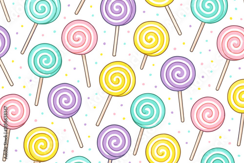 Colorful lollipops arranged in a repeating pattern on a white background with small dots of various colors