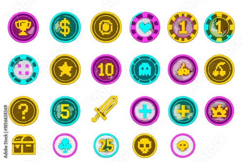 Colorful game tokens arranged on a flat surface showing numbers and symbols