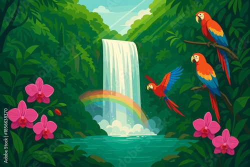 Colorful parrots and a waterfall create a lively scene in a jungle setting with lush plants and flowers in bright colors
