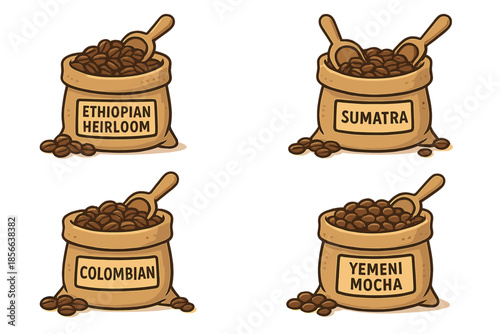 Bags of different coffee beans from various regions with labels showing their origin and type