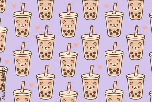 Cute bubble tea cups with bear faces in a pattern on a purple background with hearts and straws