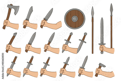 Different types of weapons held in hands with various positions showing swords, axes, shields and spears in one scene