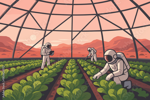 Scientists work in a greenhouse on another planet during sunset while tending to vegetable crops