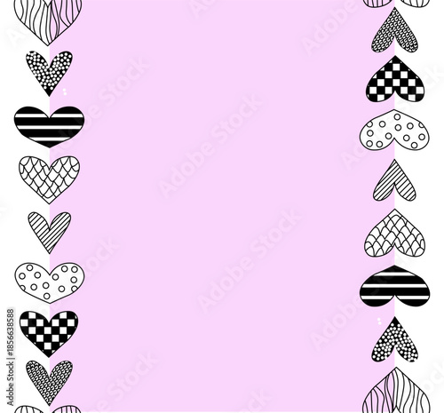 Heart Line Art Valentine's Day Frame seamless vertical border. Vector graphic line black and white illustration. Banner, poster, wrapping paper, sticker, print, modern textile design.