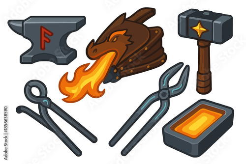 Tools for blacksmithing crafts including an anvil, hammer, and dragon motif