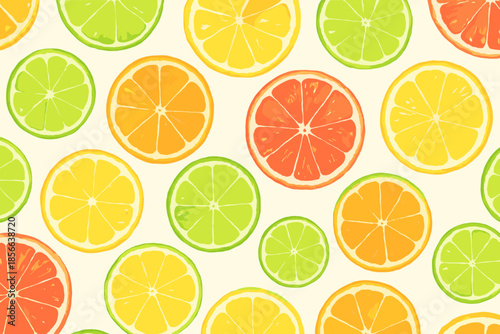 Fresh slices of fruit create a vibrant pattern on a light background in summertime