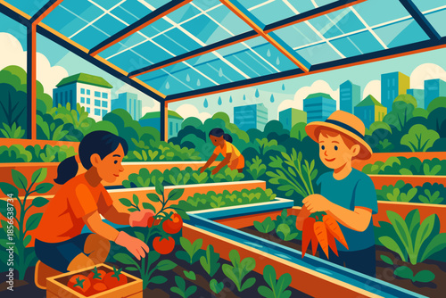 People working in a garden in a city with buildings in the background during a sunny day