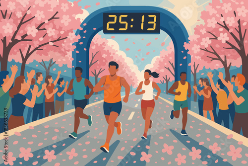 Runners finish a race under a time display with spectators cheering in a spring scene