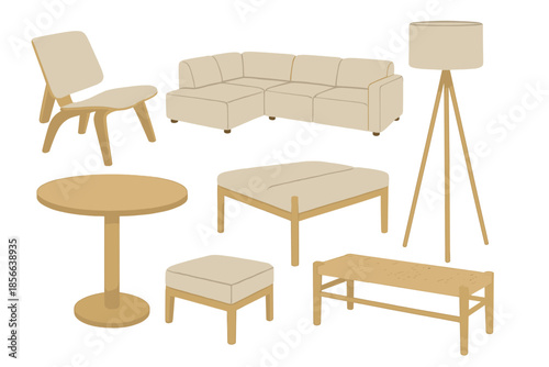 Furniture arranged in a simple living room setting with a focus on neutral colors and wood accents