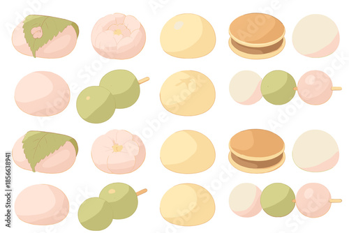 Different types of traditional sweets arranged neatly on a flat surface in various colors and shapes