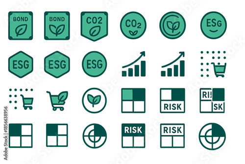 Symbols of sustainability and finance in green design showing bonds, risk, and environmental indicators for a modern approach