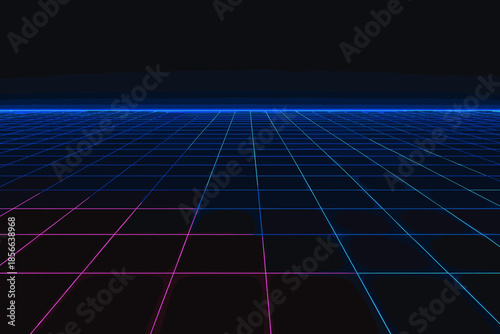 Digital grid design with blue and pink lines on black background at night appears modern and futuristic