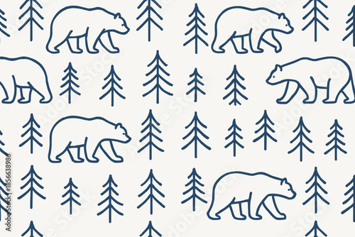 Pattern of bears walking among trees on a light background creates a nature-inspired design for various uses