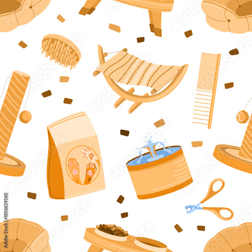 Seamless vector pattern featuring cat care items and accessories. The design includes food bowls, grooming brushes, scratching post, cans of wet food. Pet pattern is ideal for packaging, textile.