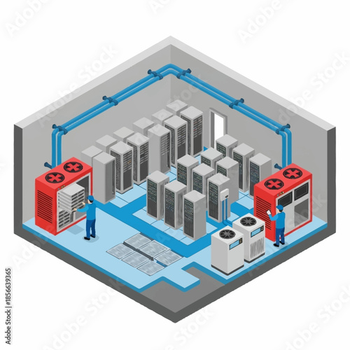 Isometric view of a data center with cooling systems and server racks.