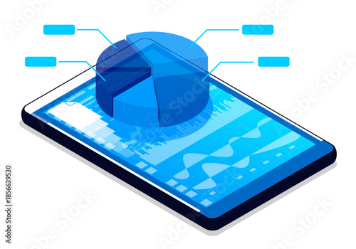 Isometric stock market pie chart in a financial trader online workspace. 3D vector concept isolated on white background