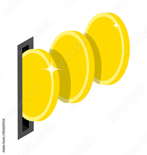 Isometric shiny coins are inserted into coin acceptor of street self service machine even for food and drinks. Isolated cartoon vector on white background top view