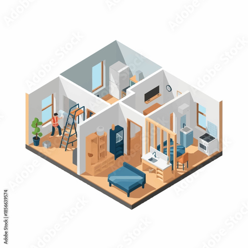 Isometric view of a house interior under renovation with various rooms and construction elements.