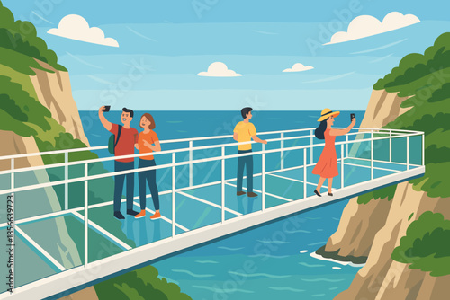 Visitors take pictures on a glass bridge overlooking a canyon and sea during daytime with clear skies