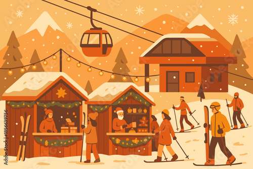 Winter market and ski activity in mountain area with snow and cable car in view during daytime