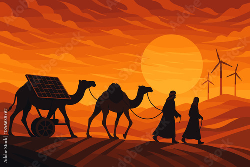 Two people walk alongside camels with solar panels at sunset near wind turbines