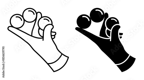 Linear icon. Hand of magician juggler doing magic trick with colorful balls. Simple black and white vector isolated on white background