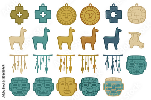 Collection of colorful designs featuring llamas, faces, and shapes on a white background in a bright arrangement