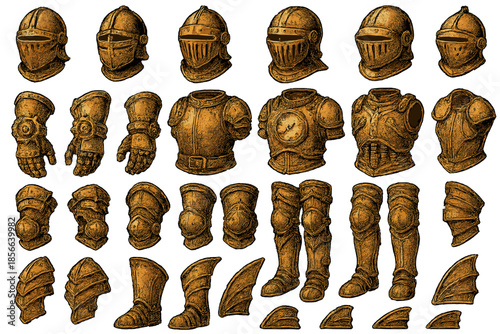 Various pieces of medieval armor shown in detail on a flat surface with a plain background for study and design reference