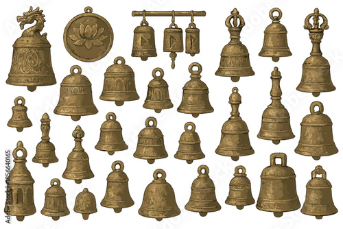 Collection of different types of bells from various cultures displayed together for viewing and study