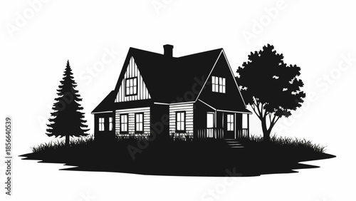 Silhouette of a charming wooden house with trees and grass.