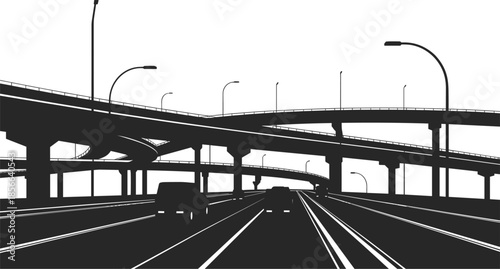 Black Highway Silhouette Vector Illustration Featuring Multi-Level Overpass Bridges and Urban Roadway Traffic Designs