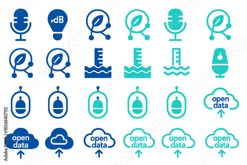 Various icons representing data, sound measurement, and open data concepts in blue and green colors