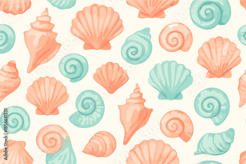 Shell patterns in soft colors create a repeating design for coastal decor and craft projects