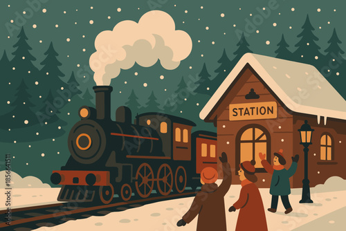 Train arrives at a snowy station during winter with people waiting and snowflakes falling in the evening